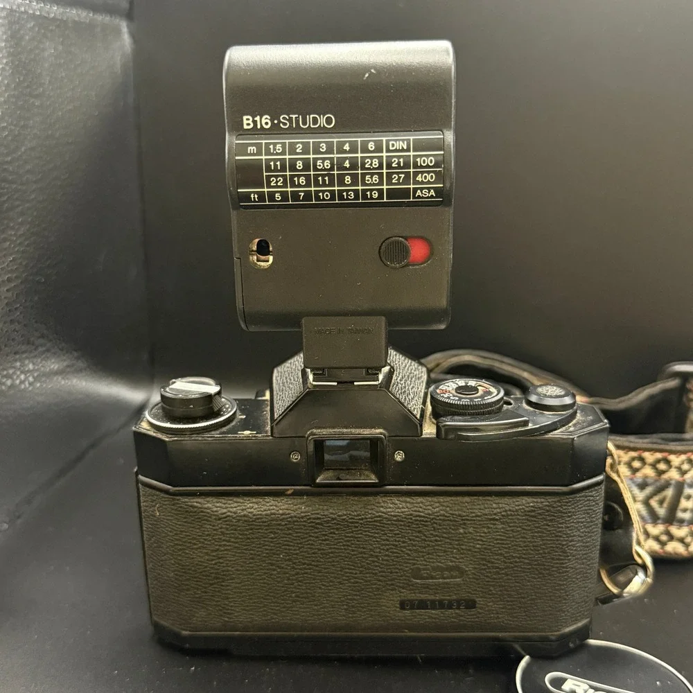 Ricoh Auto TLS EE 35mm SLR Film Camera with Auto Rikenon 50mm f1.7 Lens Flash